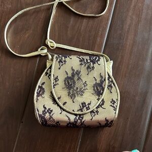 Vintage Pierre Mishael Gold and Black Lace Evening Bag. 1980s elegant clutch.